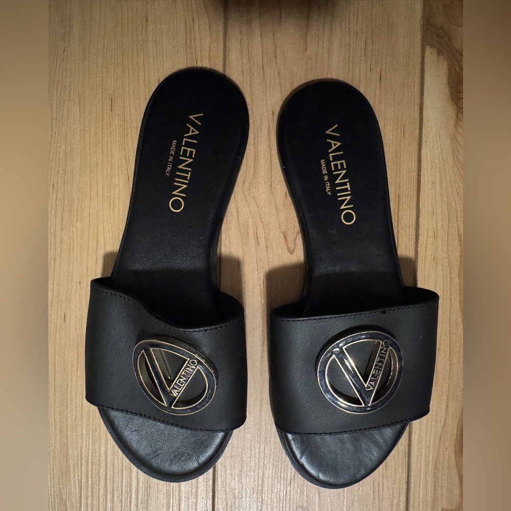 Valentino Black Slide Sandals with Gold Logo